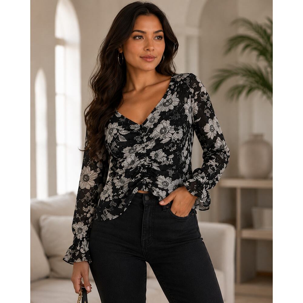 Laundry by Shelli Segal Floral Ruched Mesh Top NWT XL Black White